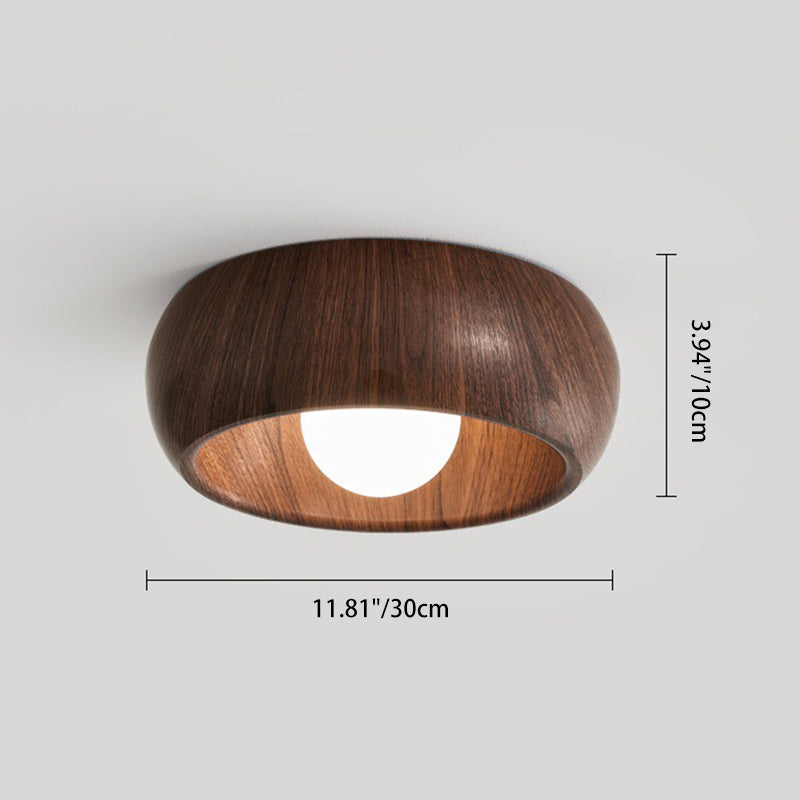 Modern Minimalist Round Wood Grain Globe Iron LED Flush Mount Ceiling Light For Living Room
