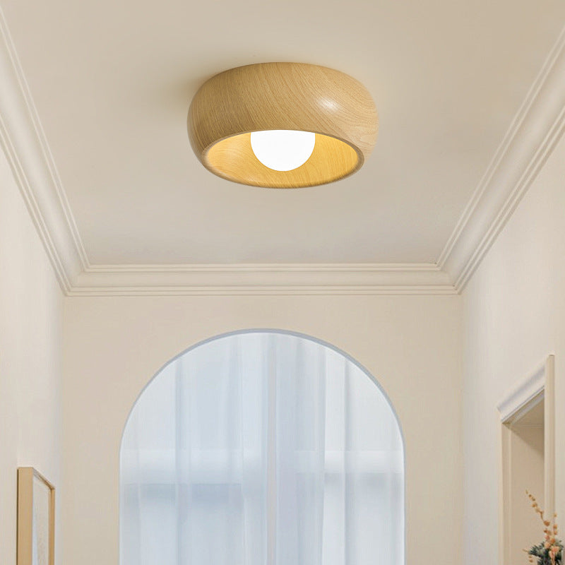 Modern Minimalist Round Wood Grain Globe Iron LED Flush Mount Ceiling Light For Living Room