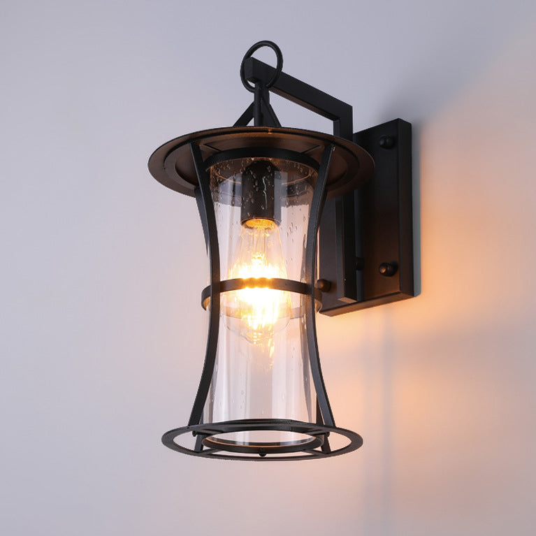 Traditional Chinese Waterproof Cylinder Rectangle Hardware Frame Glass Shade 1-Light Wall Sconce Lamp For Outdoor Patio