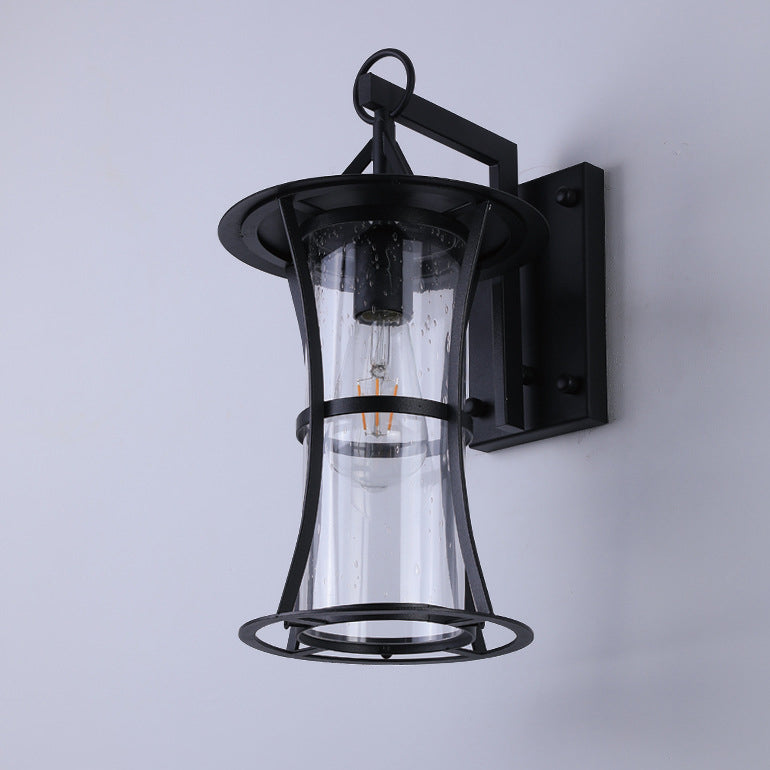 Traditional Chinese Waterproof Cylinder Rectangle Hardware Frame Glass Shade 1-Light Wall Sconce Lamp For Outdoor Patio
