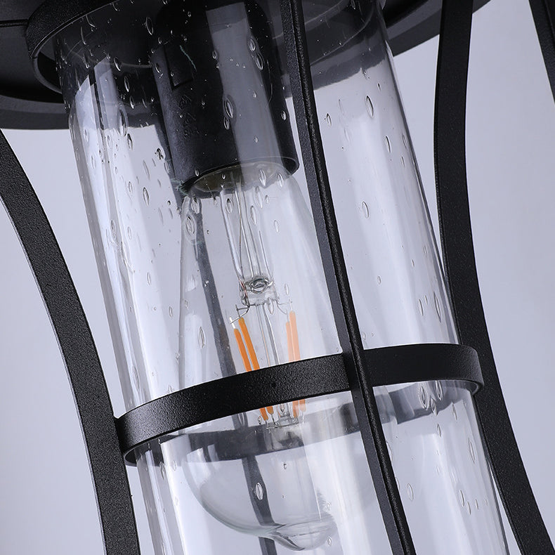 Traditional Chinese Waterproof Cylinder Rectangle Hardware Frame Glass Shade 1-Light Wall Sconce Lamp For Outdoor Patio