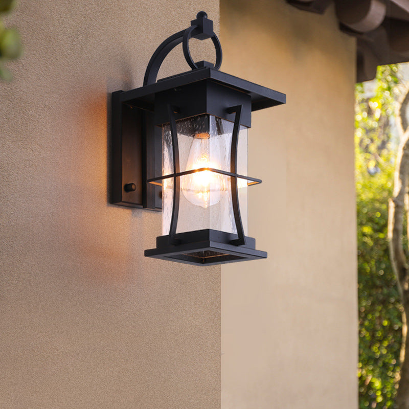 Traditional Chinese Waterproof Cylinder Rectangle Hardware Frame Glass Shade 1-Light Wall Sconce Lamp For Outdoor Patio