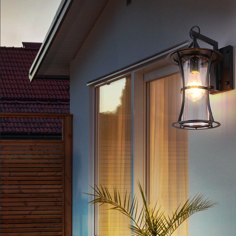 Traditional Chinese Waterproof Cylinder Rectangle Hardware Frame Glass Shade 1-Light Wall Sconce Lamp For Outdoor Patio