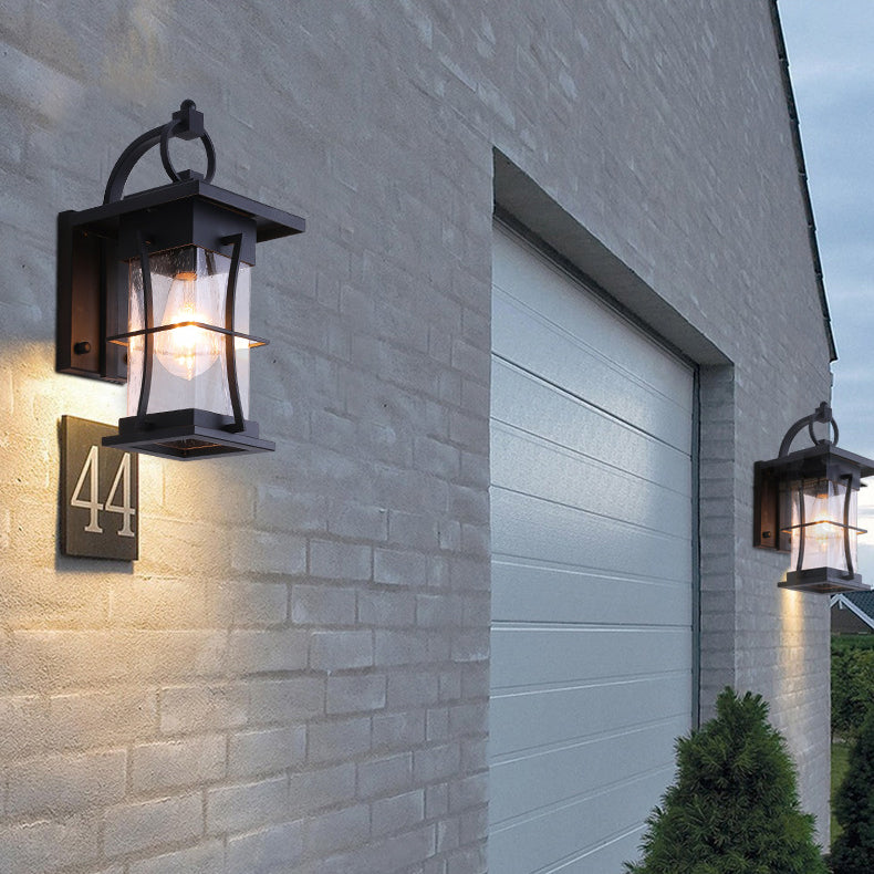 Traditional Chinese Waterproof Cylinder Rectangle Hardware Frame Glass Shade 1-Light Wall Sconce Lamp For Outdoor Patio