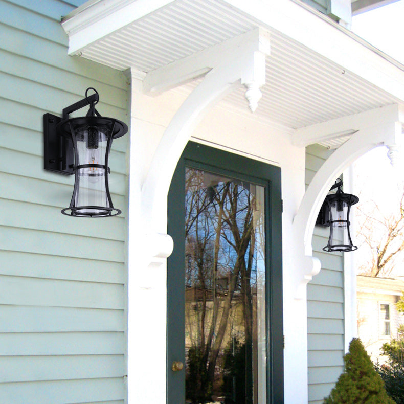 Traditional Chinese Waterproof Cylinder Rectangle Hardware Frame Glass Shade 1-Light Wall Sconce Lamp For Outdoor Patio