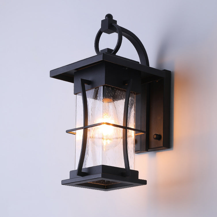 Traditional Chinese Waterproof Cylinder Rectangle Hardware Frame Glass Shade 1-Light Wall Sconce Lamp For Outdoor Patio