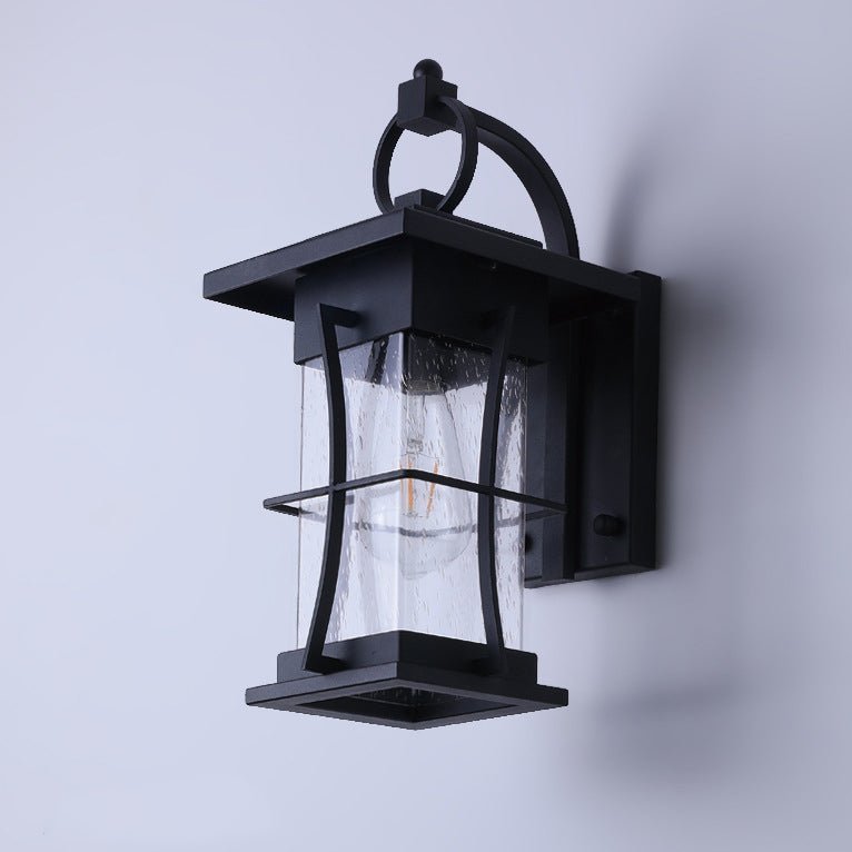 Traditional Chinese Waterproof Cylinder Rectangle Hardware Frame Glass Shade 1-Light Wall Sconce Lamp For Outdoor Patio