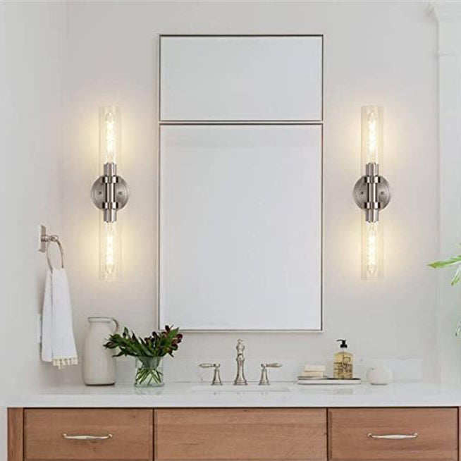 Modern Minimalist Cylinder Glass Iron Shade 2-Light Vanity Light Wall Sconce Lamp For Bathroom