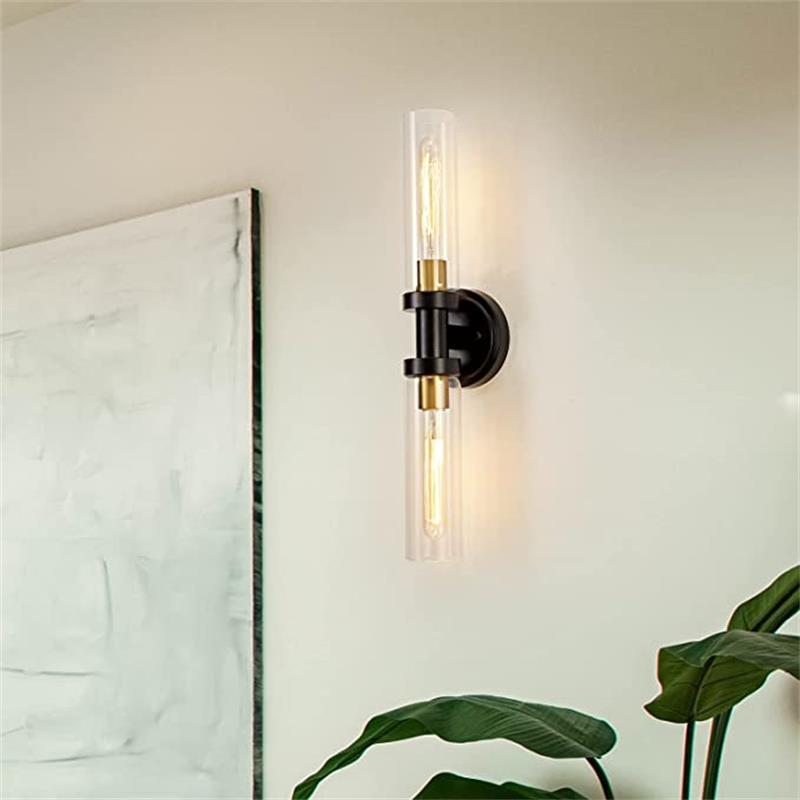 Modern Minimalist Cylinder Glass Iron Shade 2-Light Vanity Light Wall Sconce Lamp For Bathroom