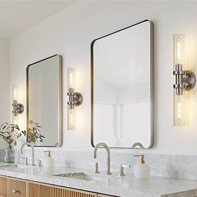 Modern Minimalist Cylinder Glass Iron Shade 2-Light Vanity Light Wall Sconce Lamp For Bathroom