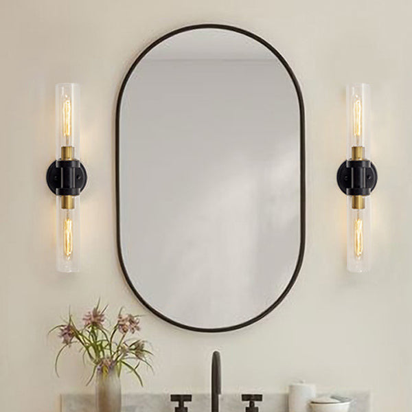 Modern Minimalist Cylinder Glass Iron Shade 2-Light Vanity Light Wall Sconce Lamp For Bathroom