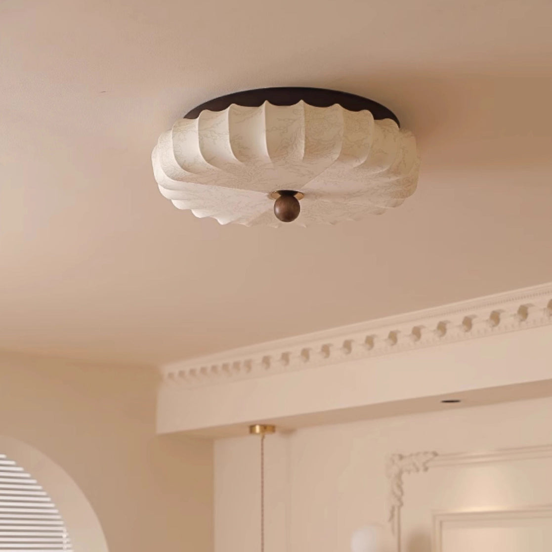 Traditional Vintage Round Patterned Fabric Alloy Ash Wood LED Flush Mount Ceiling Light For Living Room