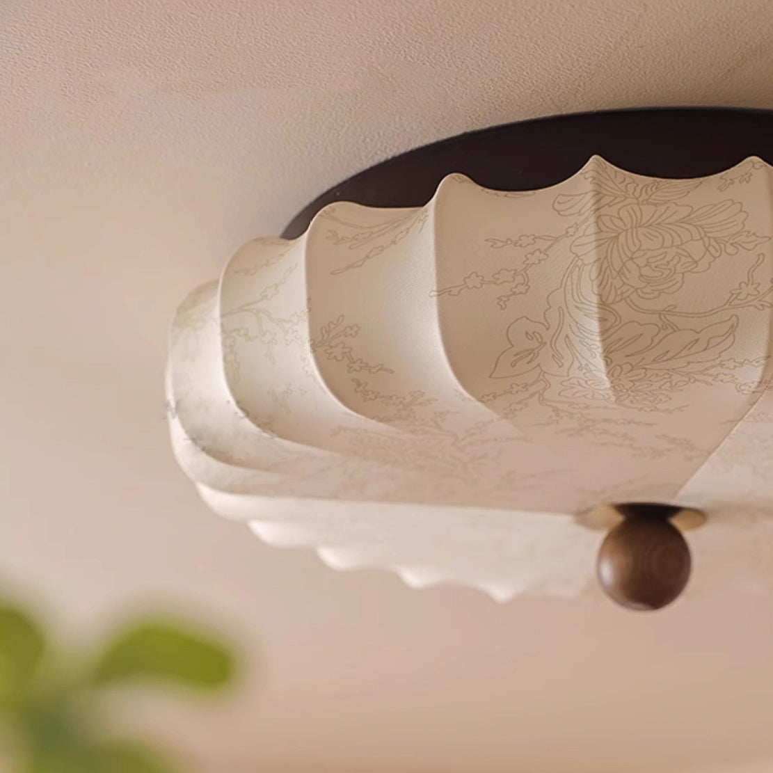 Traditional Vintage Round Patterned Fabric Alloy Ash Wood LED Flush Mount Ceiling Light For Living Room