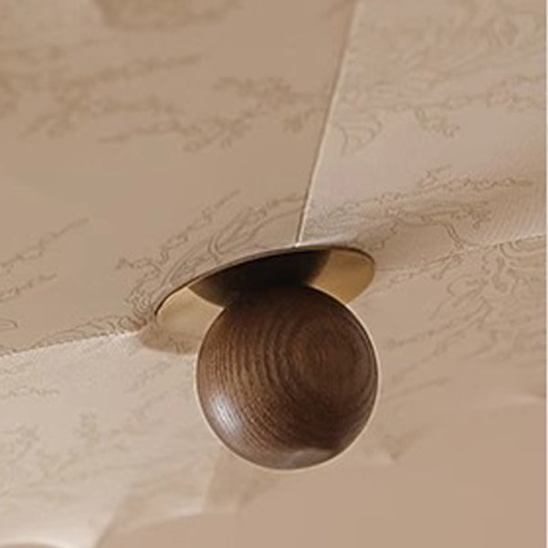 Traditional Vintage Round Patterned Fabric Alloy Ash Wood LED Flush Mount Ceiling Light For Living Room