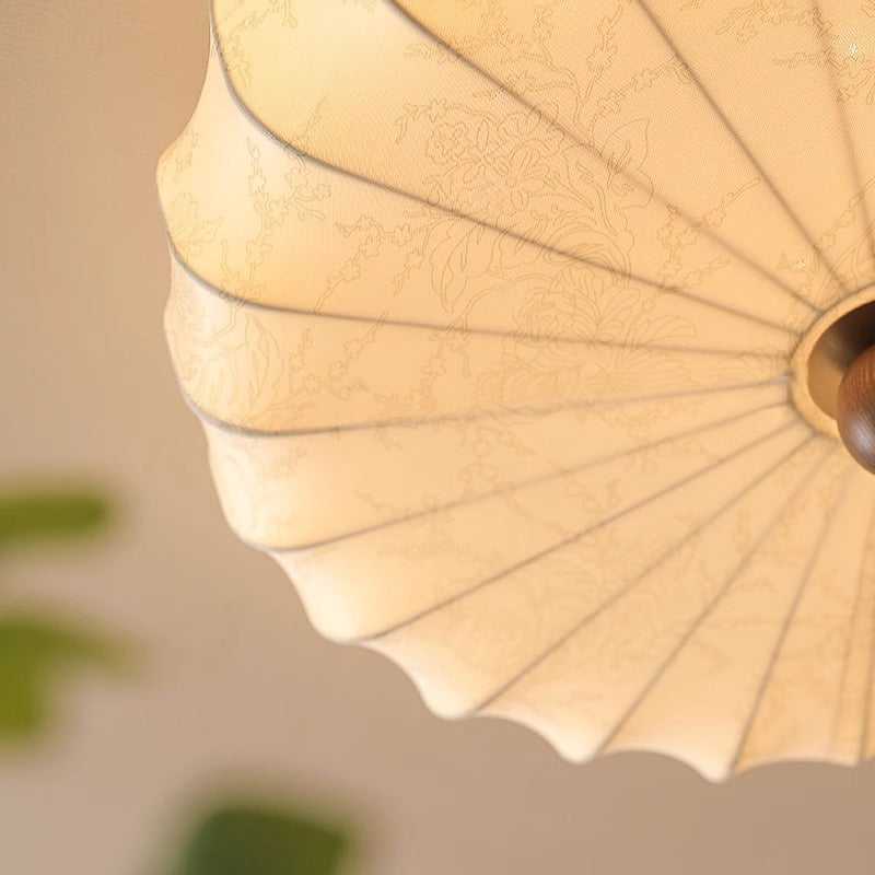 Traditional Vintage Round Patterned Fabric Alloy Ash Wood LED Flush Mount Ceiling Light For Living Room