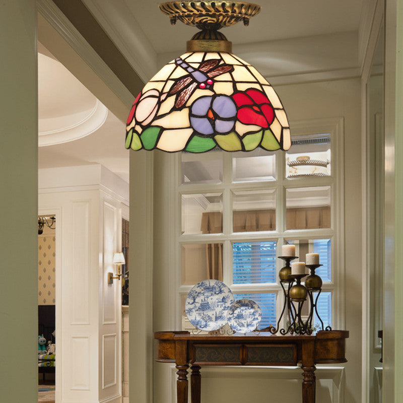 Traditional Tiffany Round Cone Flower Dragonfly Iron Stained Glass 1-Light Semi-Flush Mount Ceiling Light For Living Room