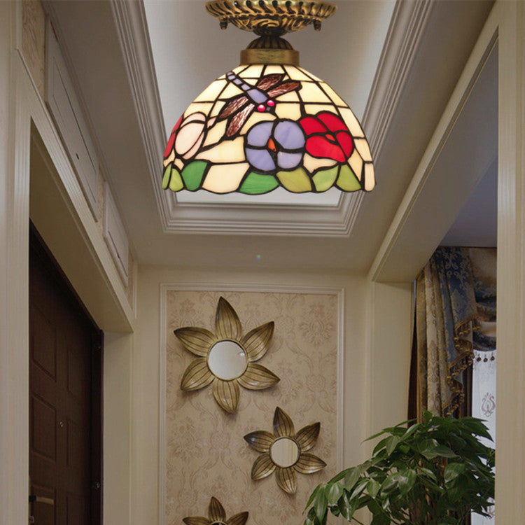 Traditional Tiffany Round Cone Flower Dragonfly Iron Stained Glass 1-Light Semi-Flush Mount Ceiling Light For Living Room