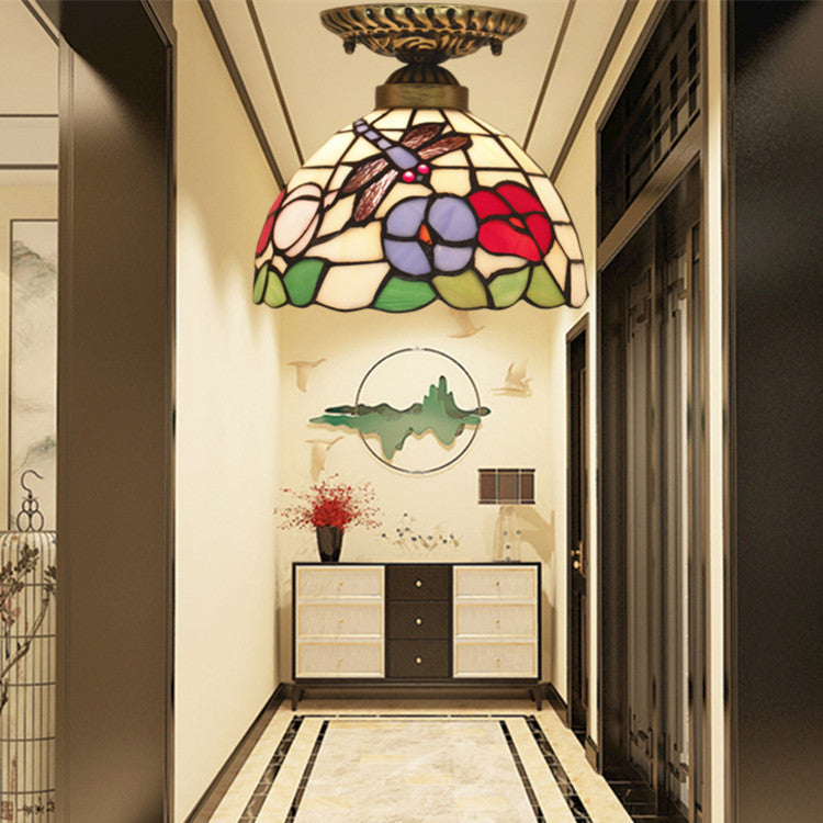 Traditional Tiffany Round Cone Flower Dragonfly Iron Stained Glass 1-Light Semi-Flush Mount Ceiling Light For Living Room