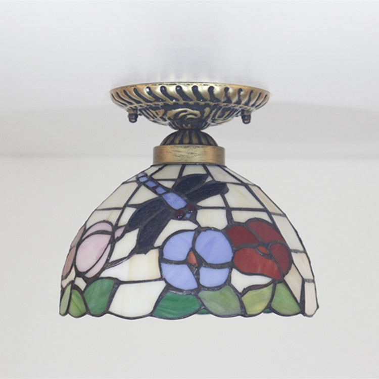 Traditional Tiffany Round Cone Flower Dragonfly Iron Stained Glass 1-Light Semi-Flush Mount Ceiling Light For Living Room