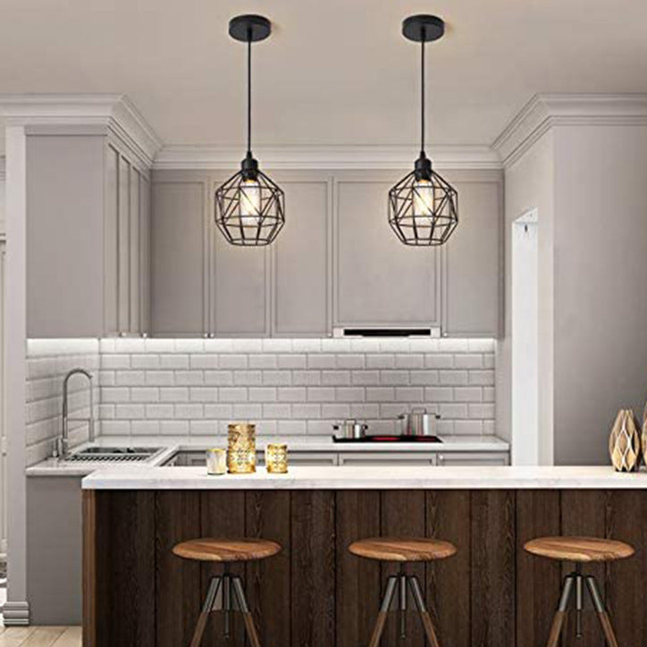 Contemporary Industrial Round Geometric Iron Cage 1-Light Pendant Light For Living Room