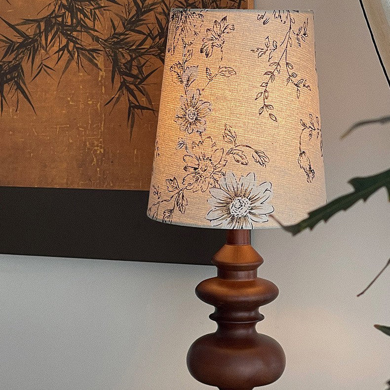 Traditional French Cylinder Floral Fabric Shade Solid Wood Base 1-Light Table Lamp For Bedroom