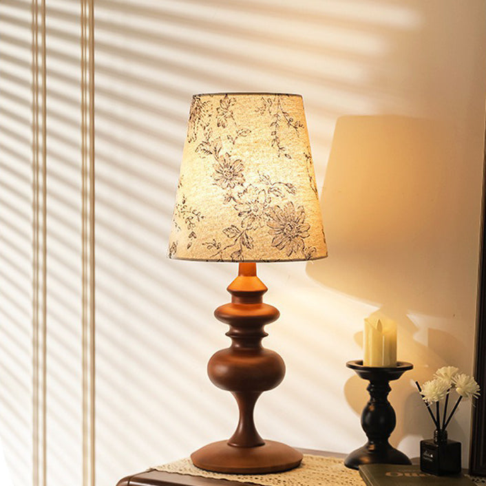 Traditional French Cylinder Floral Fabric Shade Solid Wood Base 1-Light Table Lamp For Bedroom