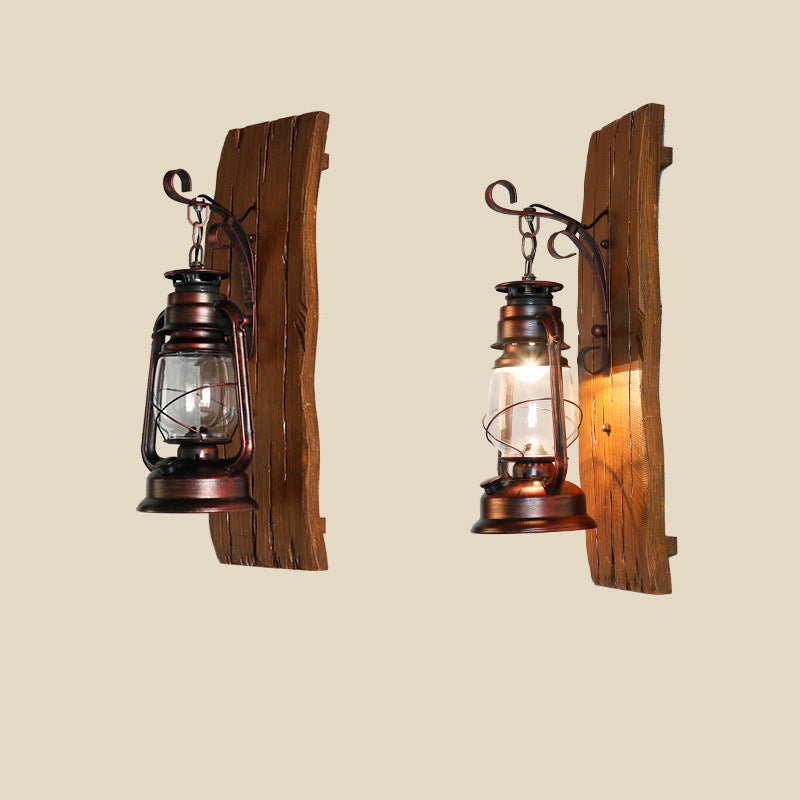 Traditional Rustic Rectangular Wood Grain Kerosene Lamp Iron Glass Shade 1-Light Wall Sconce Lamp For Living Room