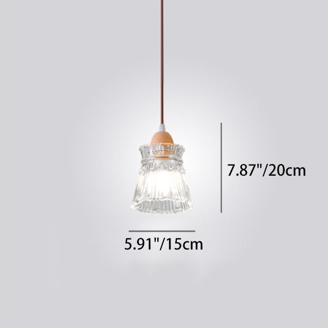 Traditional Japanese Round Cup Shape Wood Glass 1-Light Pendant Light For Living Room