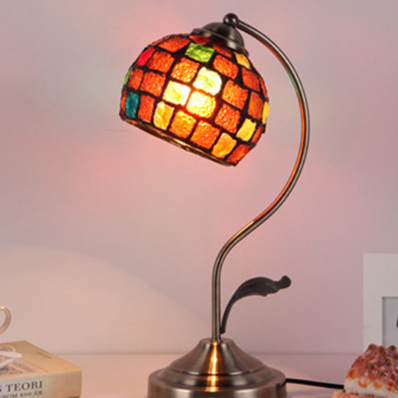 Traditional Tiffany Round Dome Curved Pole Hardware Base Stained Glass Shade 1-Light Table Lamp For Bedroom