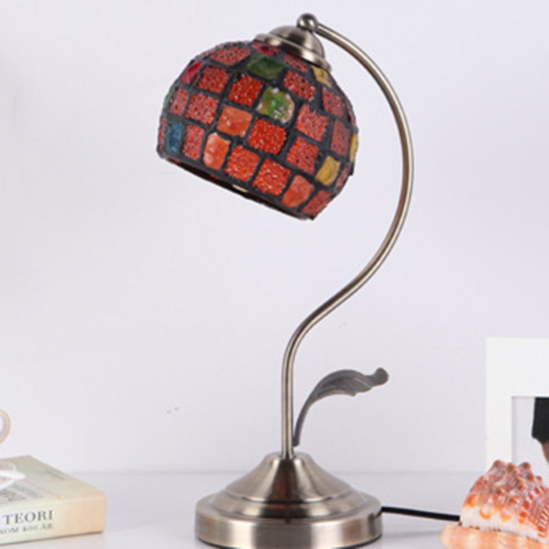 Traditional Tiffany Round Dome Curved Pole Hardware Base Stained Glass Shade 1-Light Table Lamp For Bedroom