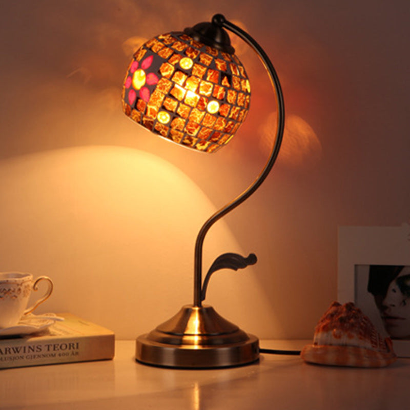 Traditional Tiffany Round Dome Curved Pole Hardware Base Stained Glass Shade 1-Light Table Lamp For Bedroom
