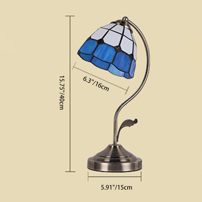 Traditional Tiffany Curved Pole Flower Shape Hardware Base Stained Glass 1-Light Table Lamp For Bedroom