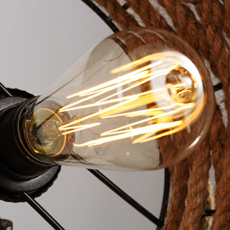 Traditional Vintage Round Iron Hemp Rope Shade 1-Light Pendant Light For Living Room