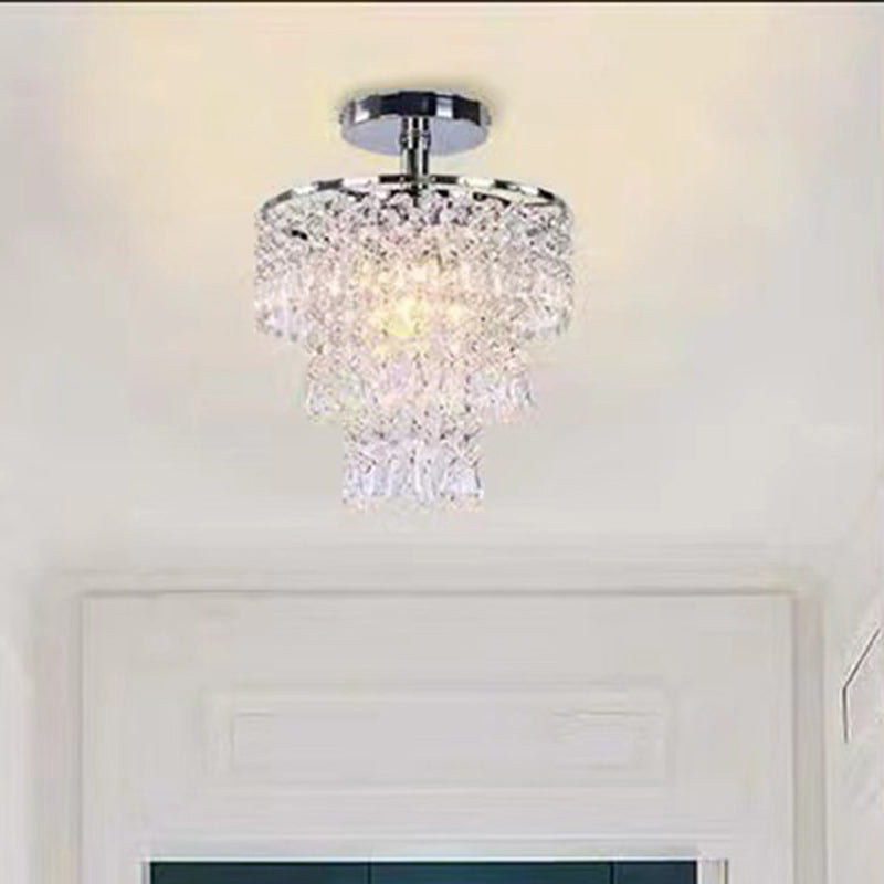 Modern Luxury Multi-Layer Round Crystal Iron Frame 1-Light Semi-Flush Mount Ceiling Light For Living Room