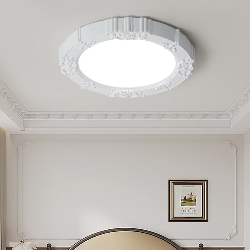 Traditional French Round Carved Flower Iron Resin Acrylic LED Flush Mount Ceiling Light For Bedroom