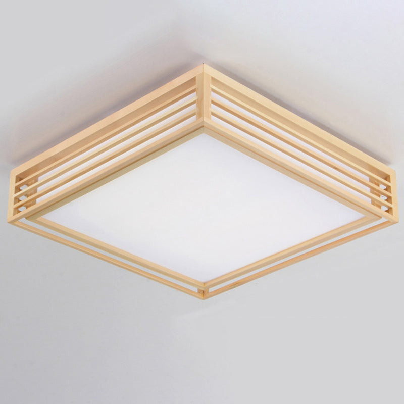 Traditional Japanese Square Pine Wood Frame Acrylic Shade LED Flush Mount Ceiling Light For Bedroom