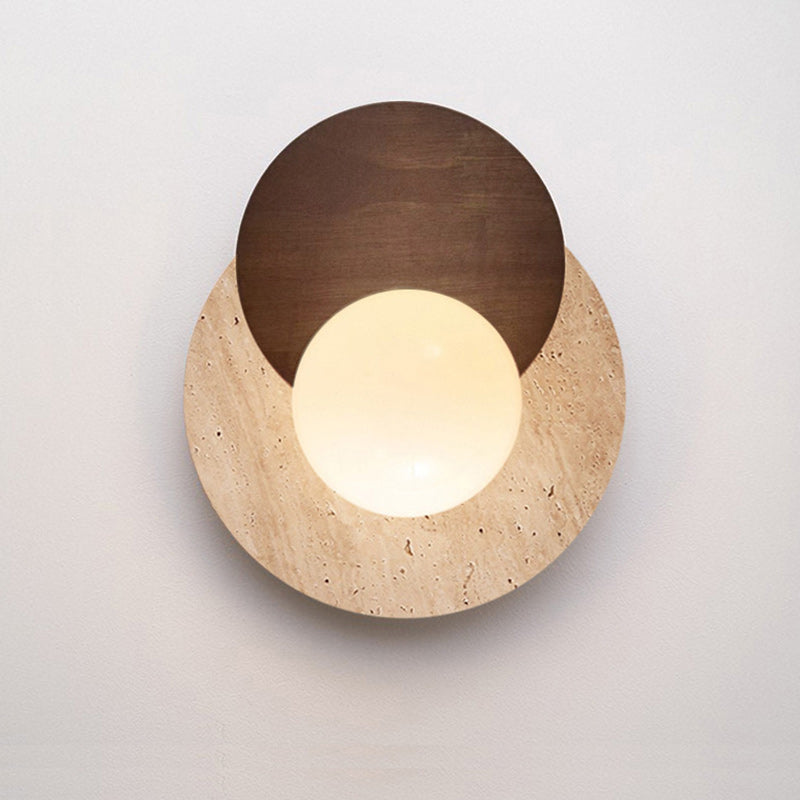 Traditional Japanese Double Round Orb Yellow Travertine Solid Wood Glass Shade 1-Light Wall Sconce Lamp For Living Room
