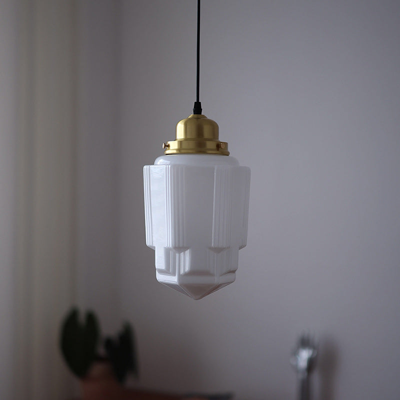 Traditional Vintage Round Cylinder Pagoda Shape Brass Glass 1-Light Pendant Light For Living Room