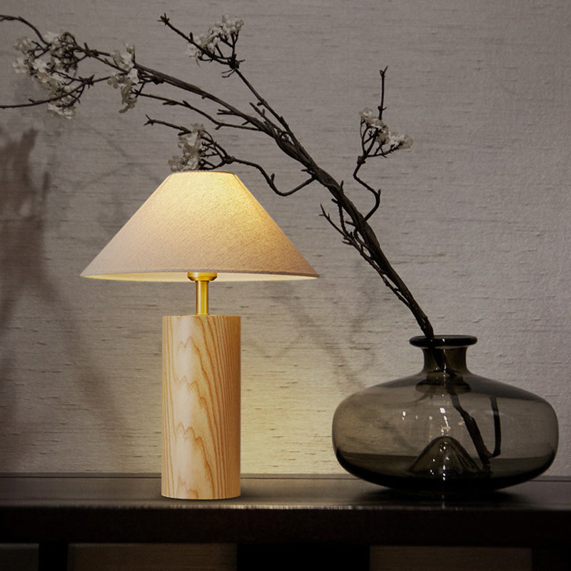 Traditional Japanese Cylindrical Trapezoidal Solid Wood Base Brass Frame Fabric Shade 1-Light Table Lamp For Bedroom