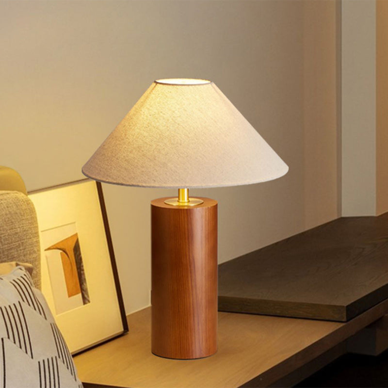 Traditional Japanese Cylindrical Trapezoidal Solid Wood Base Brass Frame Fabric Shade 1-Light Table Lamp For Bedroom