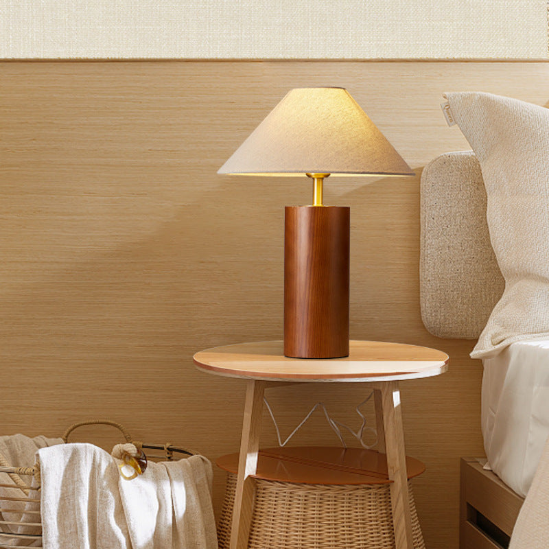 Traditional Japanese Cylindrical Trapezoidal Solid Wood Base Brass Frame Fabric Shade 1-Light Table Lamp For Bedroom