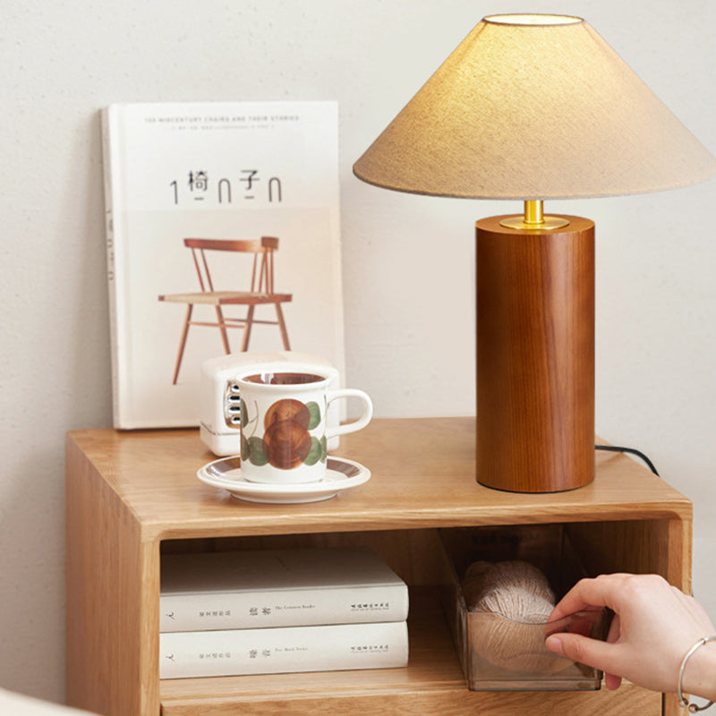 Traditional Japanese Cylindrical Trapezoidal Solid Wood Base Brass Frame Fabric Shade 1-Light Table Lamp For Bedroom
