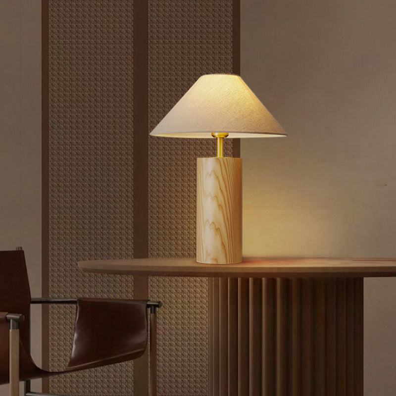 Traditional Japanese Cylindrical Trapezoidal Solid Wood Base Brass Frame Fabric Shade 1-Light Table Lamp For Bedroom