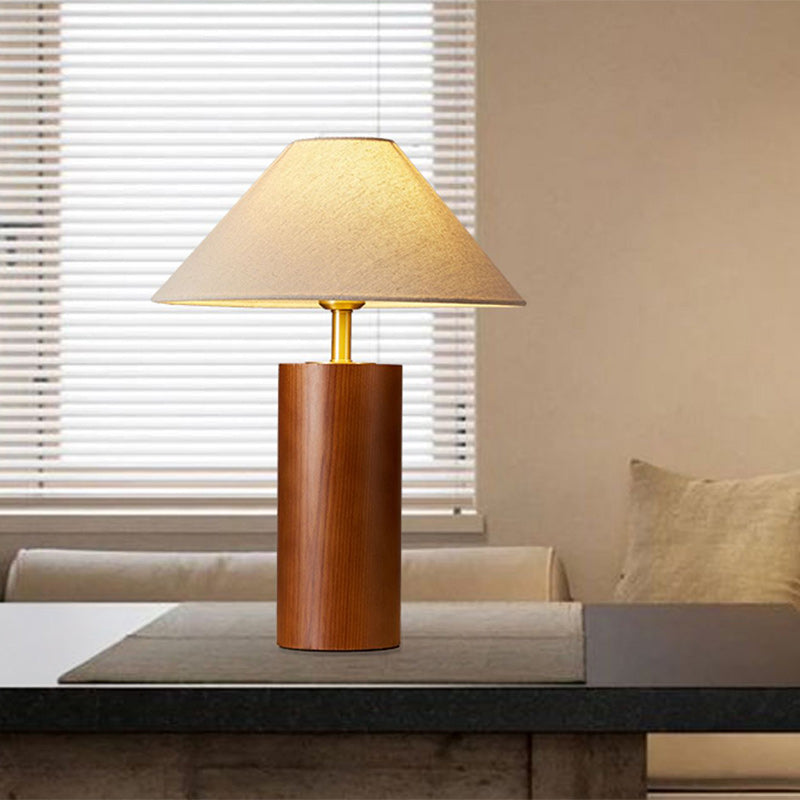 Traditional Japanese Cylindrical Trapezoidal Solid Wood Base Brass Frame Fabric Shade 1-Light Table Lamp For Bedroom