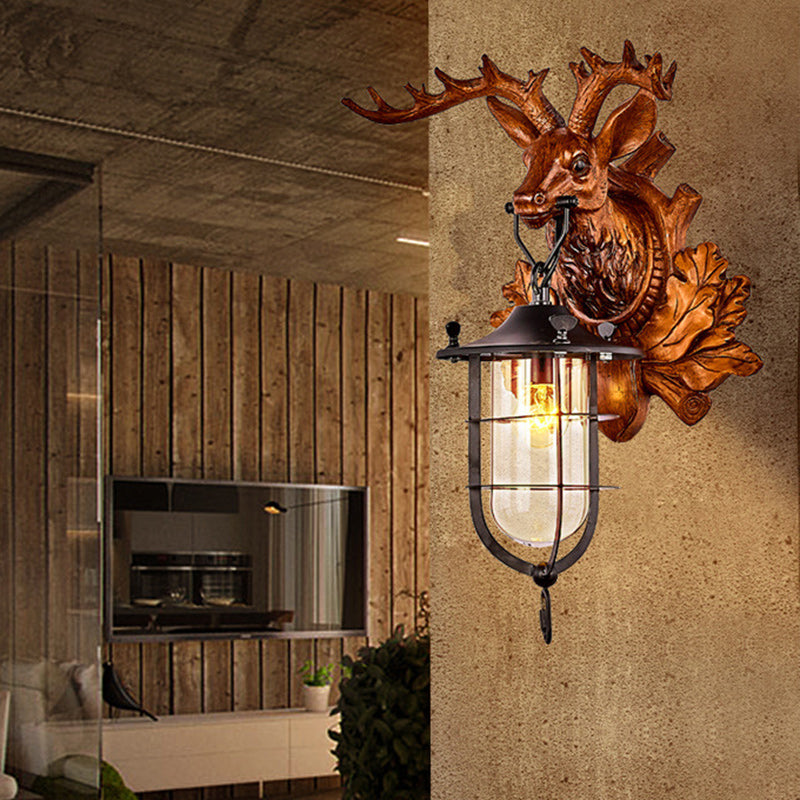 Contemporary Creative Deer Antler Iron Resin Frame Crystal Shade 1-Light Wall Sconce Lamp For Living Room