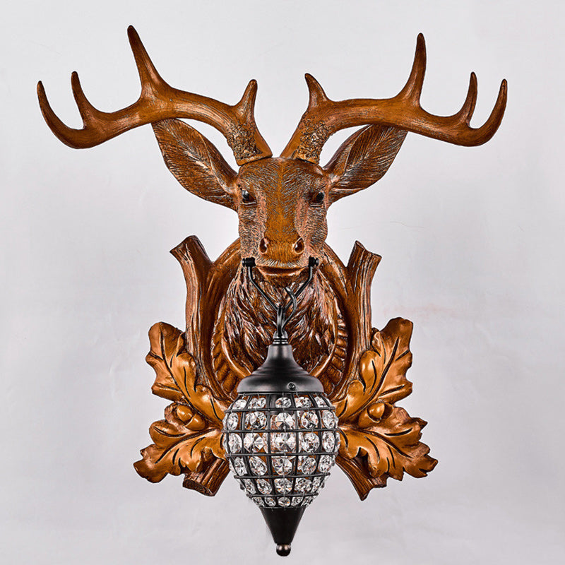 Contemporary Creative Deer Antler Iron Resin Frame Crystal Shade 1-Light Wall Sconce Lamp For Living Room