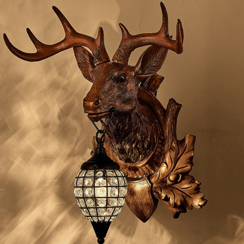 Contemporary Creative Deer Antler Iron Resin Frame Crystal Shade 1-Light Wall Sconce Lamp For Living Room