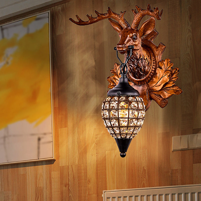 Contemporary Creative Deer Antler Iron Resin Frame Crystal Shade 1-Light Wall Sconce Lamp For Living Room