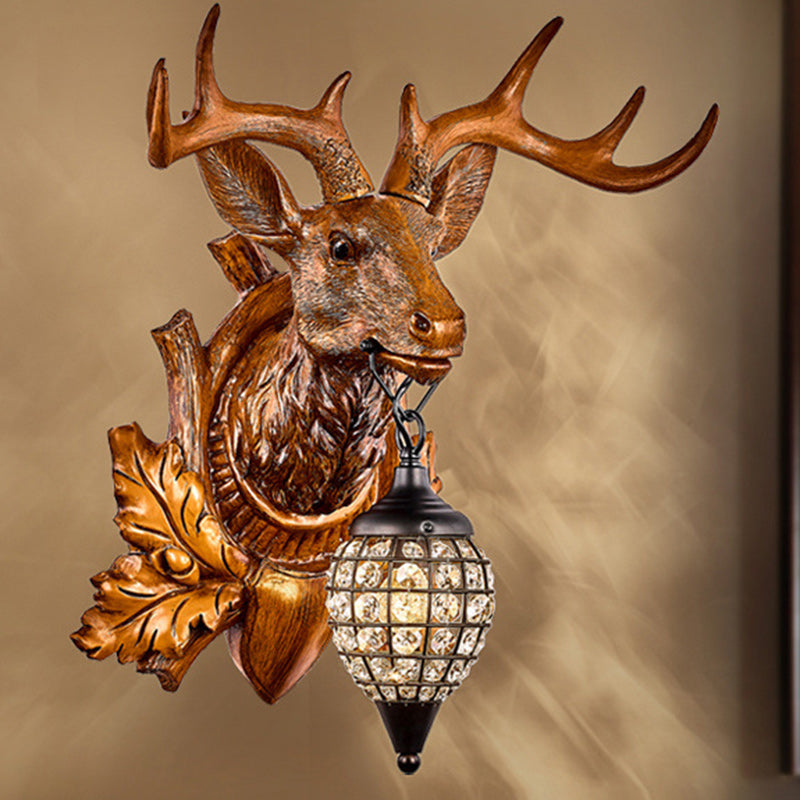 Contemporary Creative Deer Antler Iron Resin Frame Crystal Shade 1-Light Wall Sconce Lamp For Living Room