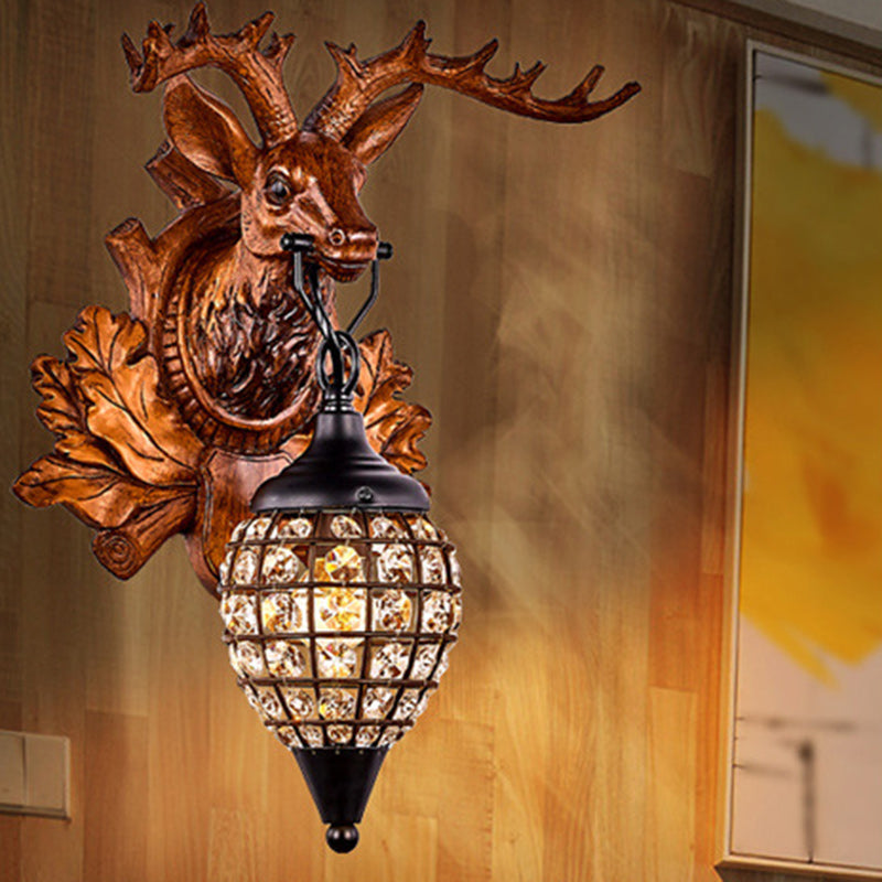 Contemporary Creative Deer Antler Iron Resin Frame Crystal Shade 1-Light Wall Sconce Lamp For Living Room
